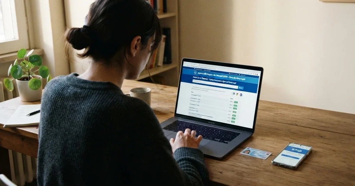 Un giocatore consulta il sito ADM su un laptop, con il logo dell'Agenzia delle Dogane e dei Monopoli visibile sullo schermo e una tessera sanitaria con SPID appoggiata sulla scrivania