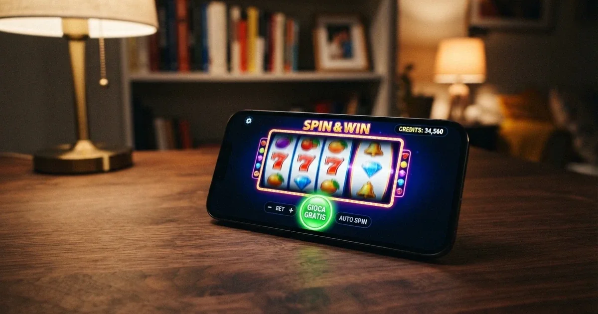 Interfaccia di una slot machine in modalità demo con crediti virtuali e pulsante «gioca gratis» in evidenza