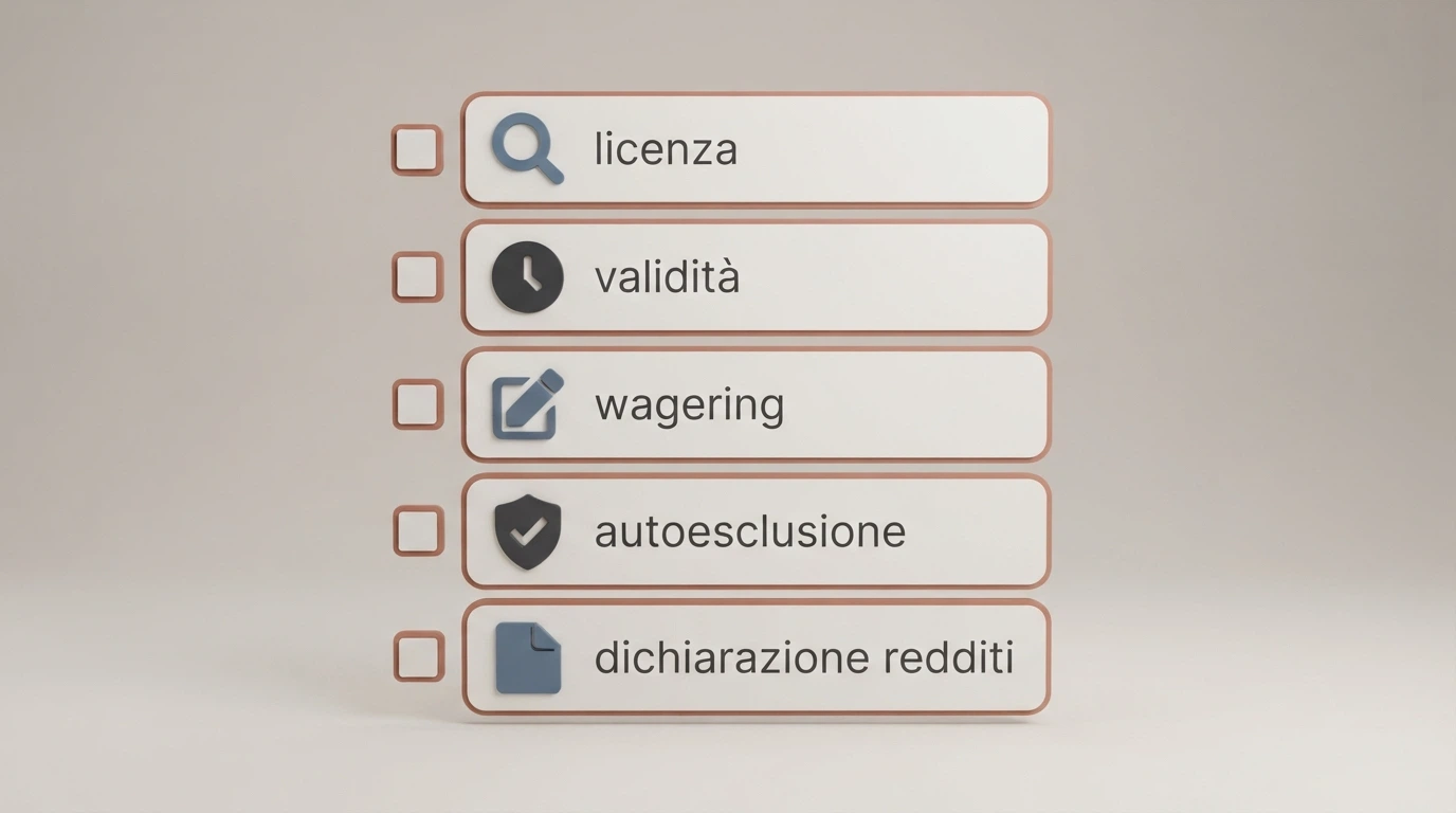 Una lista di controllo illustrata con cinque voci: lente sulla licenza, orologio sulla validità, calcolatrice sul wagering, scudo sull'autoesclusione, documento sulla dichiarazione dei redditi