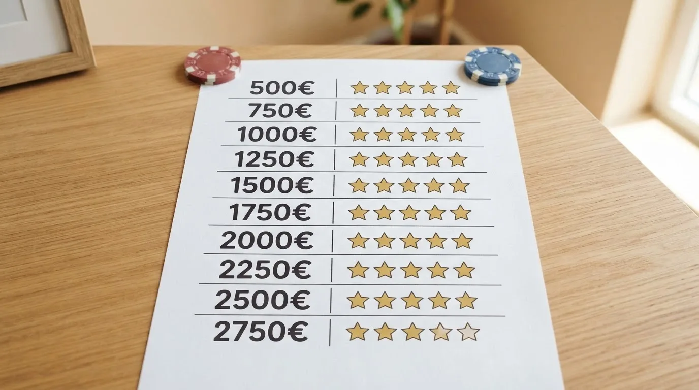 Una tabella comparativa stilizzata con cifre in euro e loghi di casinò europei affiancati da stelle di valutazione
