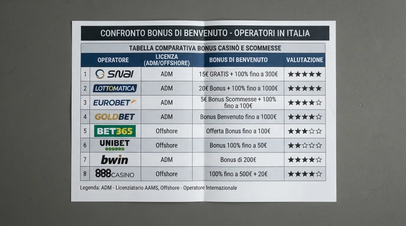 Tabella comparativa stilizzata con nomi operatori, importi bonus e valutazioni