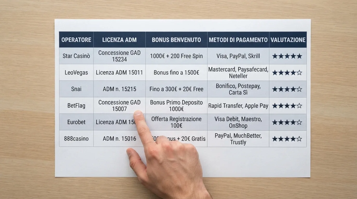 Tabella comparativa con nomi dei casinò, licenze, bonus e metodi di pagamento a confronto