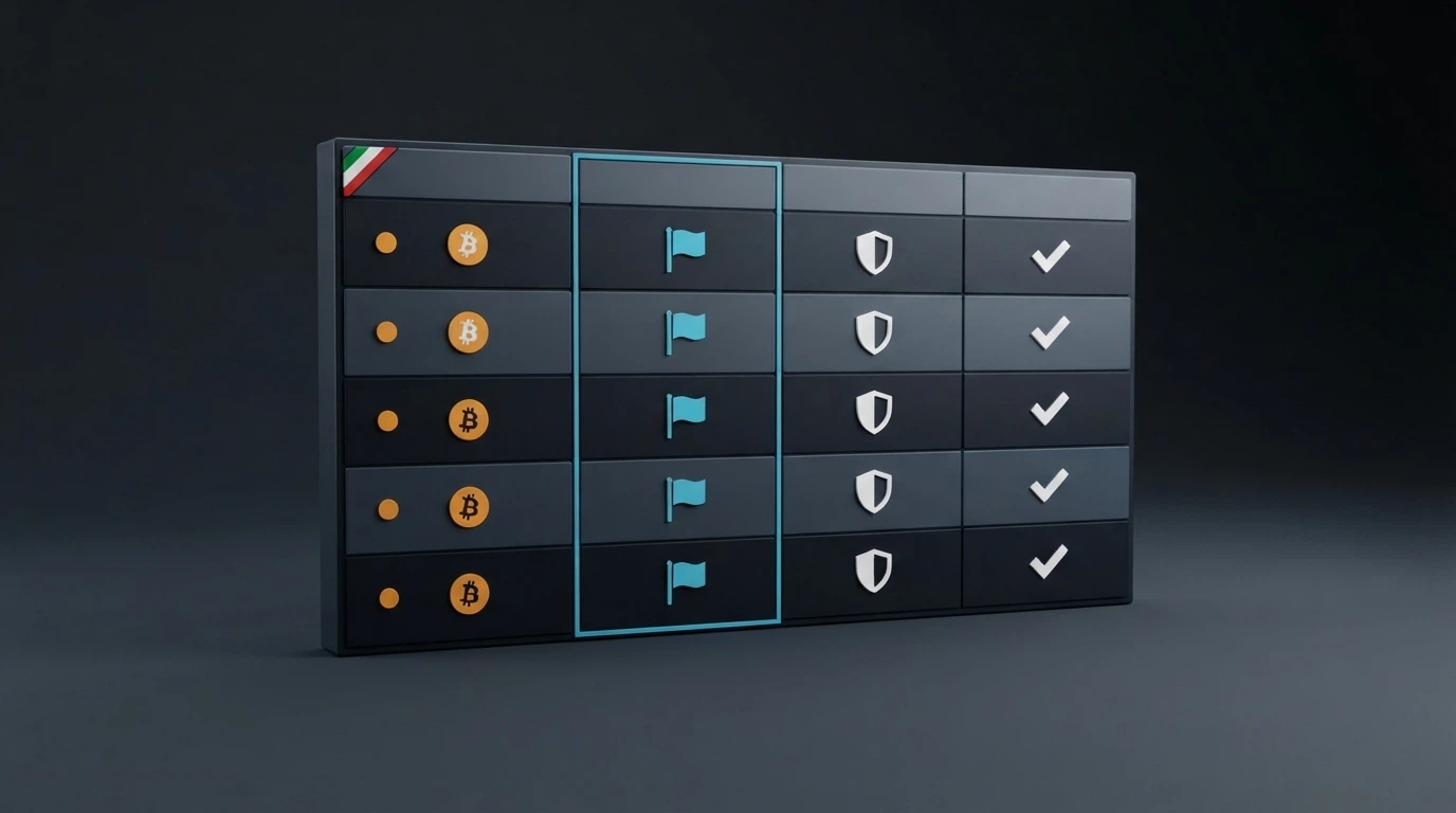 Una tabella comparativa stilizzata con icone Bitcoin e bandiere di Curaçao e Italia, su sfondo scuro da trading desk