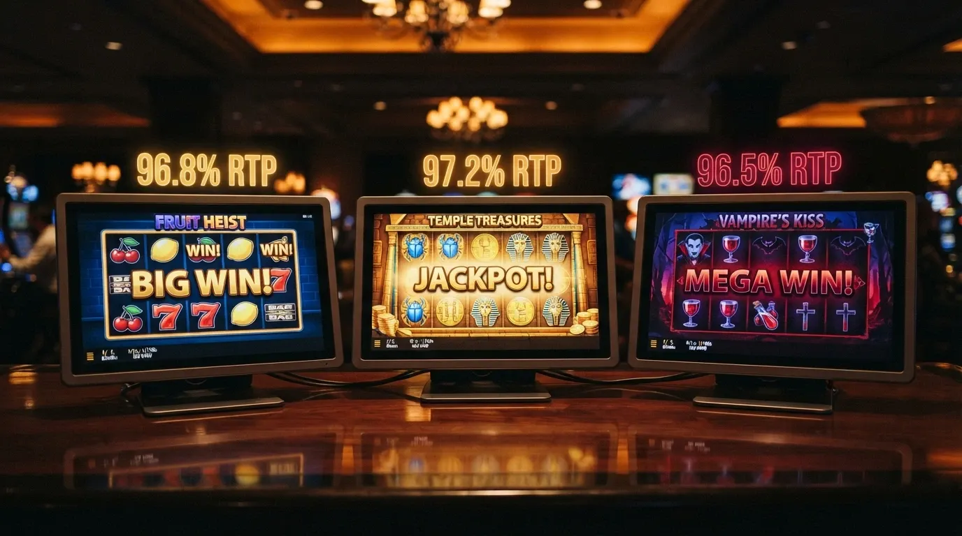Una selezione di schermate di slot ad alto RTP (Mega Joker, Book of 99, Blood Suckers) con le rispettive percentuali in evidenza