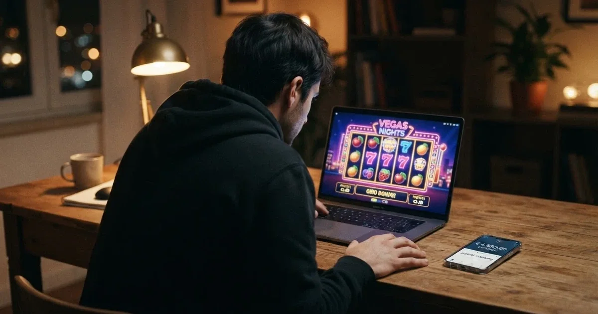 Giocatore che consulta il telefono davanti allo schermo di un computer con la schermata di un casinò online, espressione perplessa