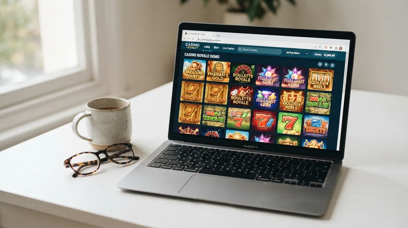 Schermata di un portale demo con catalogo di slot in evidenza e nessuna richiesta di login