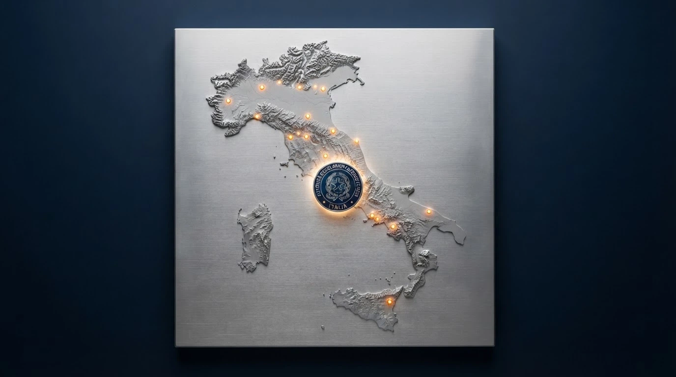 Il logo ADM al centro di una mappa dell'Italia con undici puntini che rappresentano i gruppi concessionari