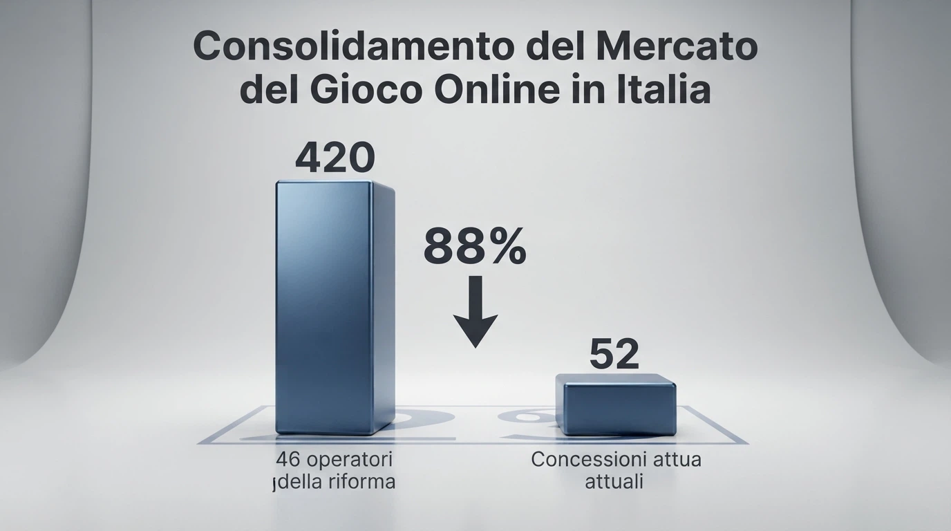 Un grafico che mostra l'evoluzione del numero di concessioni e siti attivi, dal picco di circa 420 prima della riforma alle 52 concessioni attuali a 46 operatori