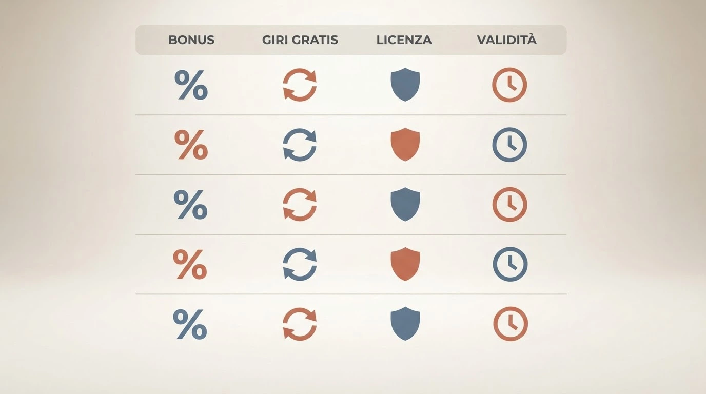 Una tabella comparativa stilizzata con icone che rappresentano bonus, giri gratuiti, licenza e wagering; ogni riga corrisponde a un operatore, ogni colonna a un criterio