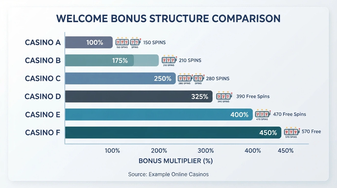 Una tabella comparativa con i bonus di benvenuto di diversi casinò online affiancati, con importi, percentuali e numero di free spin