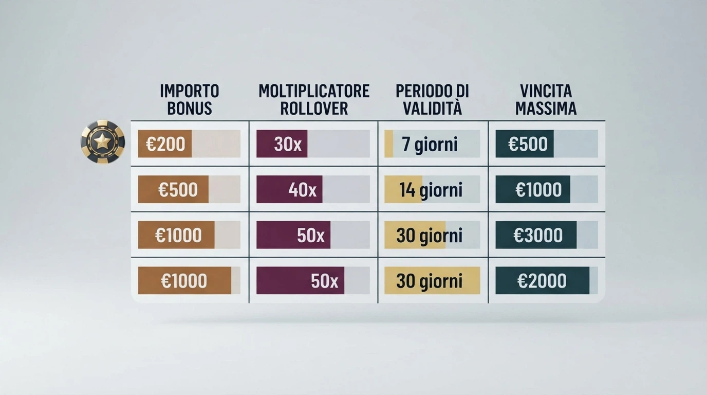 Una tabella comparativa stilizzata con colonne per bonus, rollover, validità e prelievo massimo