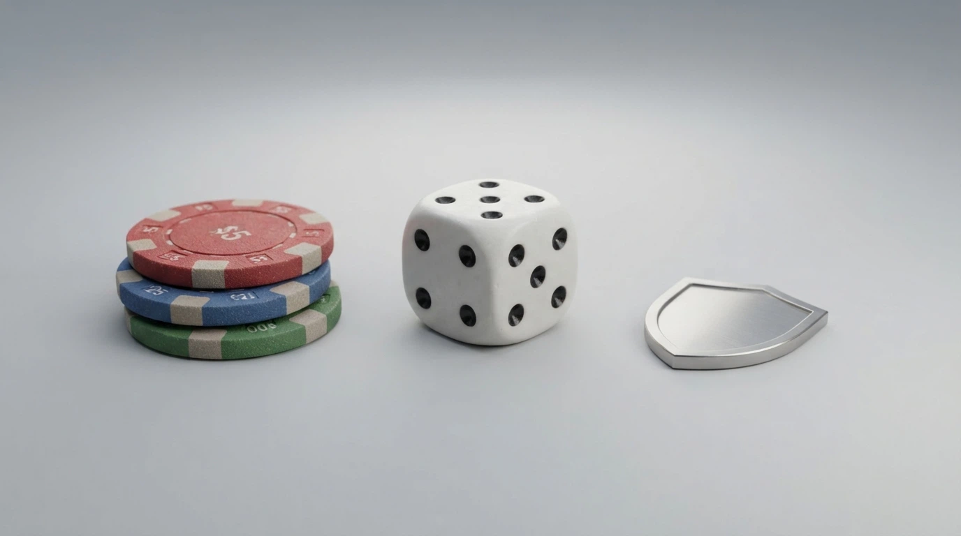 Una tabella stilizzata con loghi di casinò e accanto le icone di una moneta, un dado e uno scudo