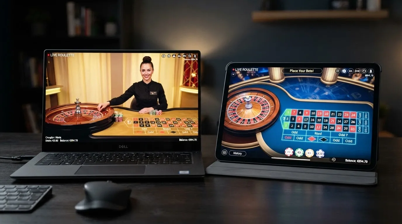 Schermo diviso: a sinistra un tavolo live con dealer umano, a destra la stessa schermata di un gioco RNG corrispondente
