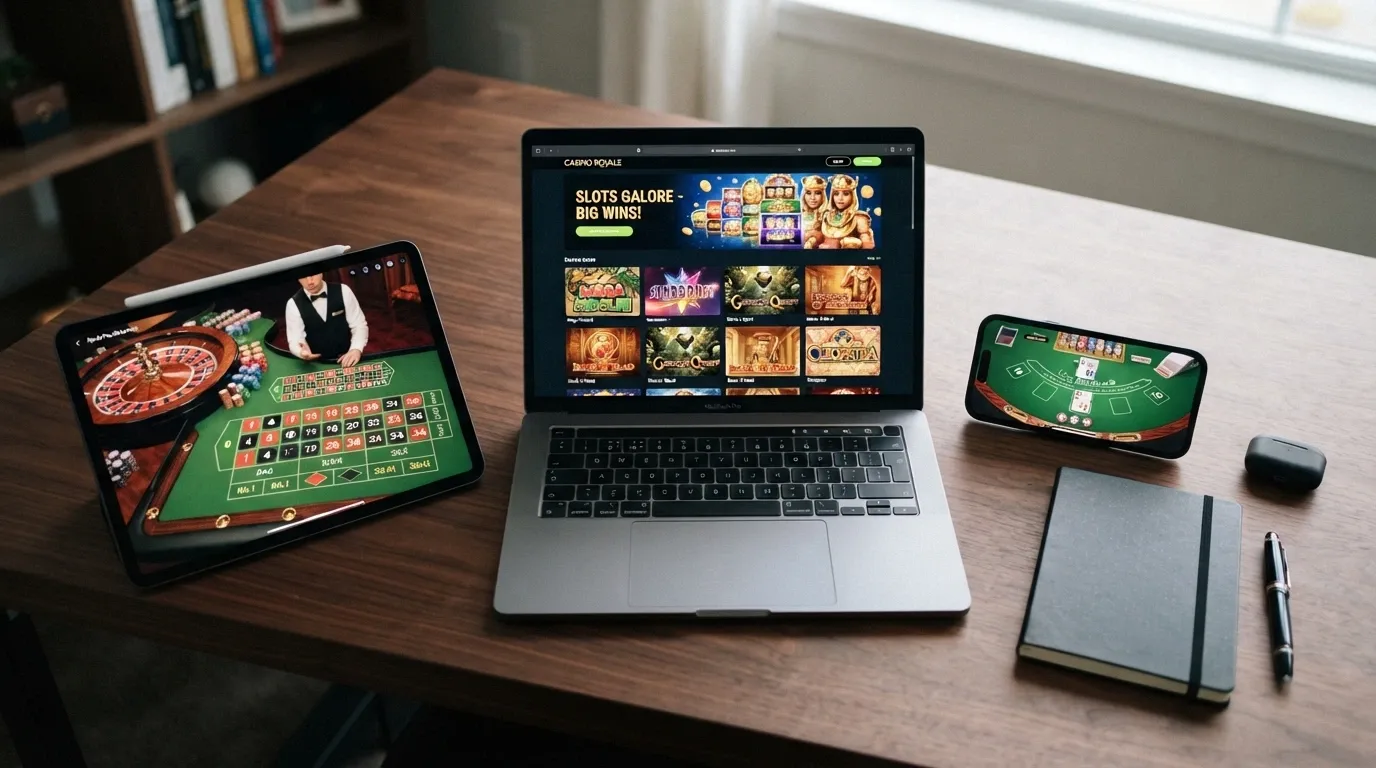 Vista d'insieme di una scrivania con più schermi che mostrano le homepage di diversi casinò ADM a confronto