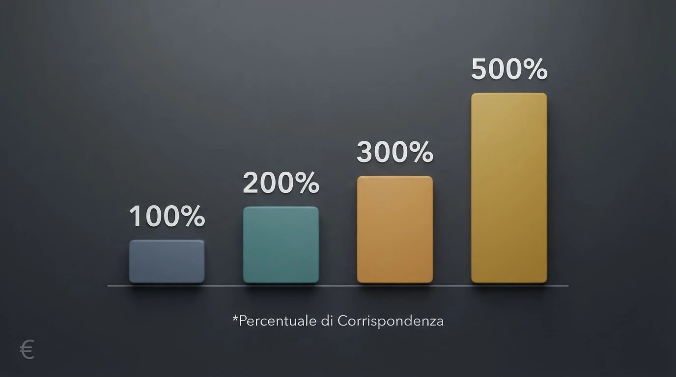 Una griglia stilizzata con icone dei casino ADM e accanto le percentuali di match (100%, 200%, 300%, 500%), disposte in ordine crescente