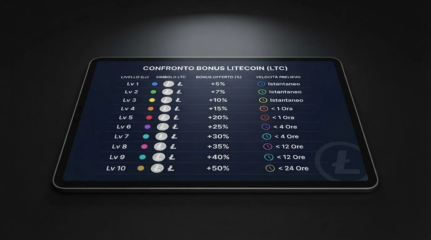 Una tabella comparativa stilizzata con loghi di casinò crypto affiancati da icone di Litecoin, percentuali bonus e orologi per i tempi di prelievo
