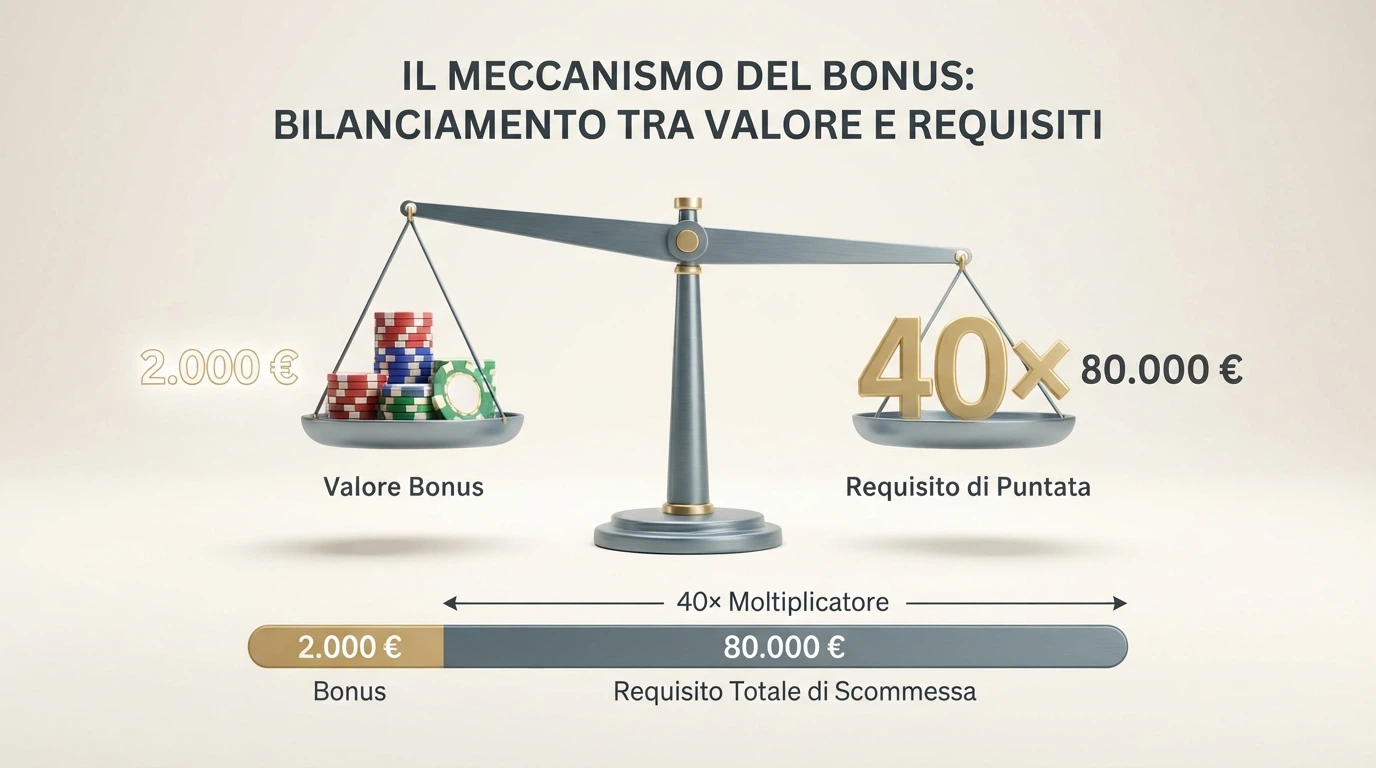 Una bilancia stilizzata con da un lato una cifra in euro e dall'altro un moltiplicatore di wagering, a indicare il peso reale del requisito di puntata