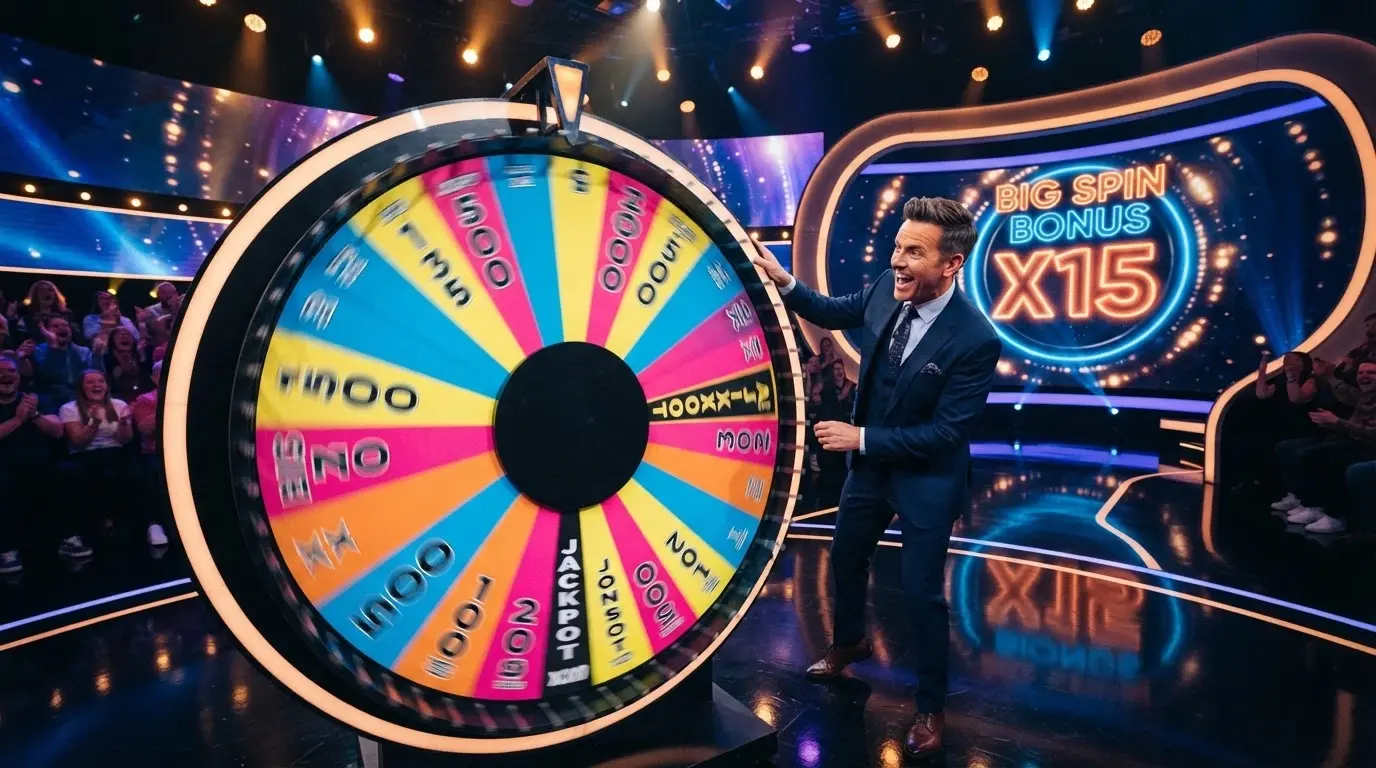 La ruota di Crazy Time in piena azione con il presentatore che fa girare i 54 segmenti colorati, sovrimpressione digitale di un bonus round attivo