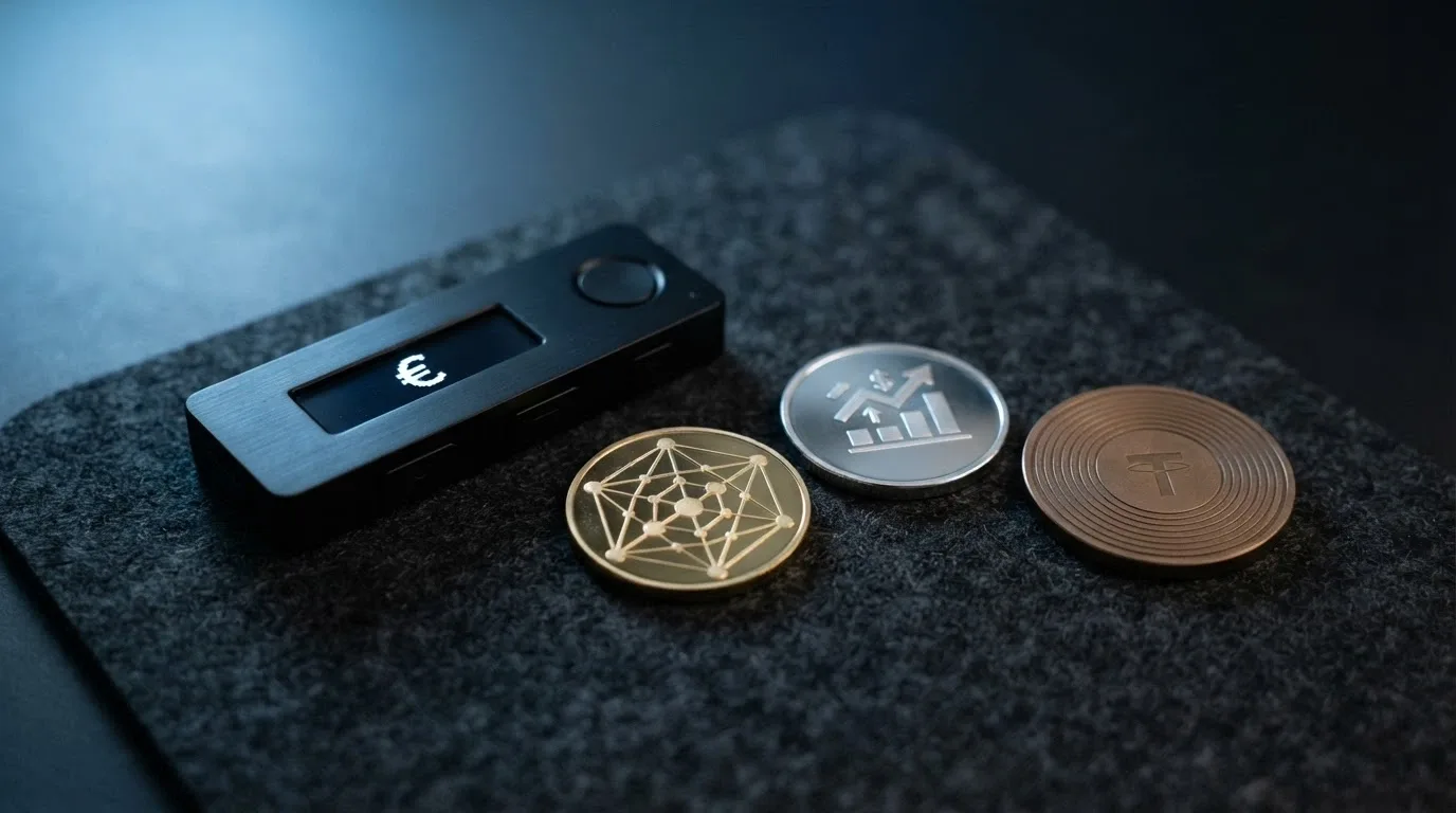 Wallet di criptovalute con Bitcoin, Ethereum e stablecoin