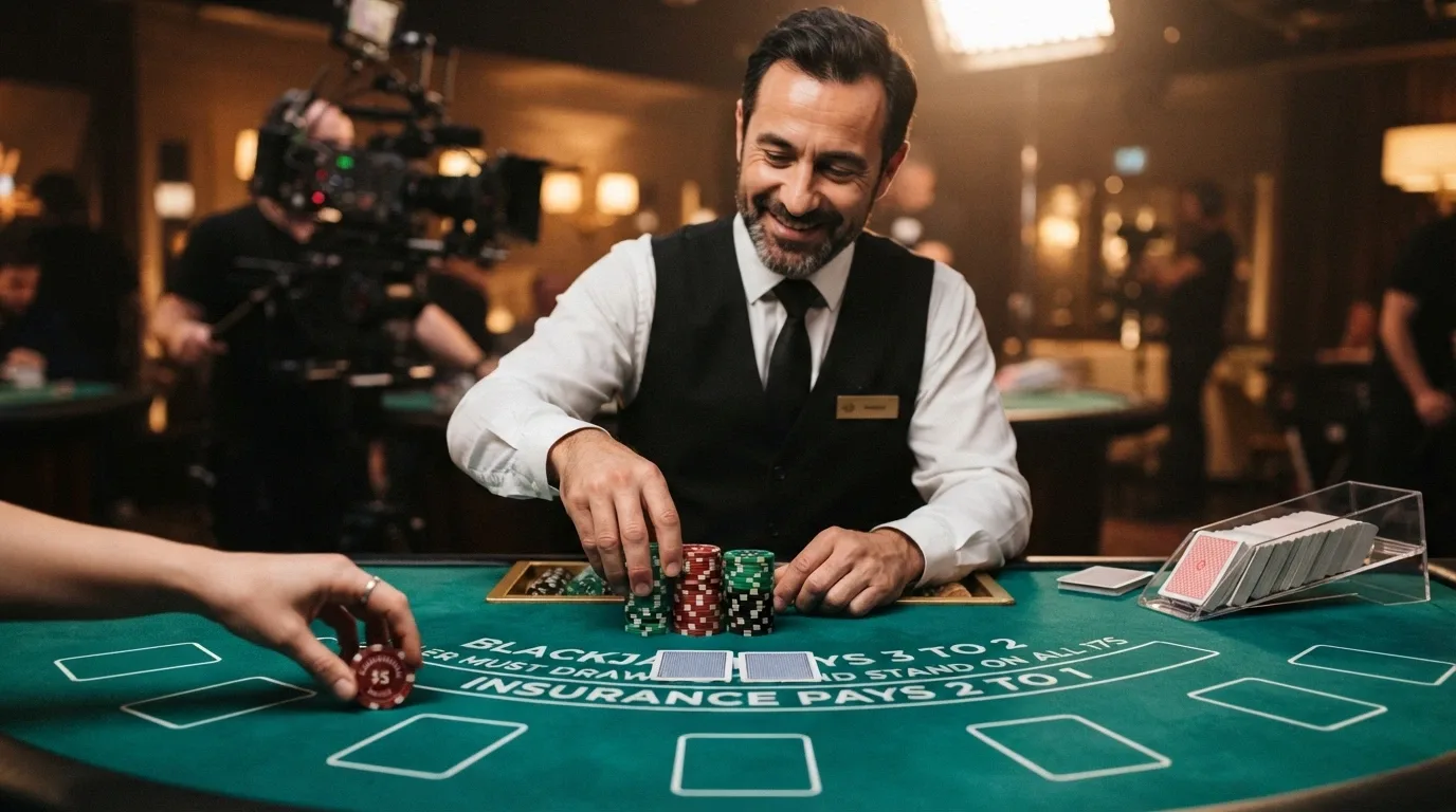 Un croupier professionista sorridente sistema le fiches sul tavolo da blackjack mentre interagisce con i giocatori via chat