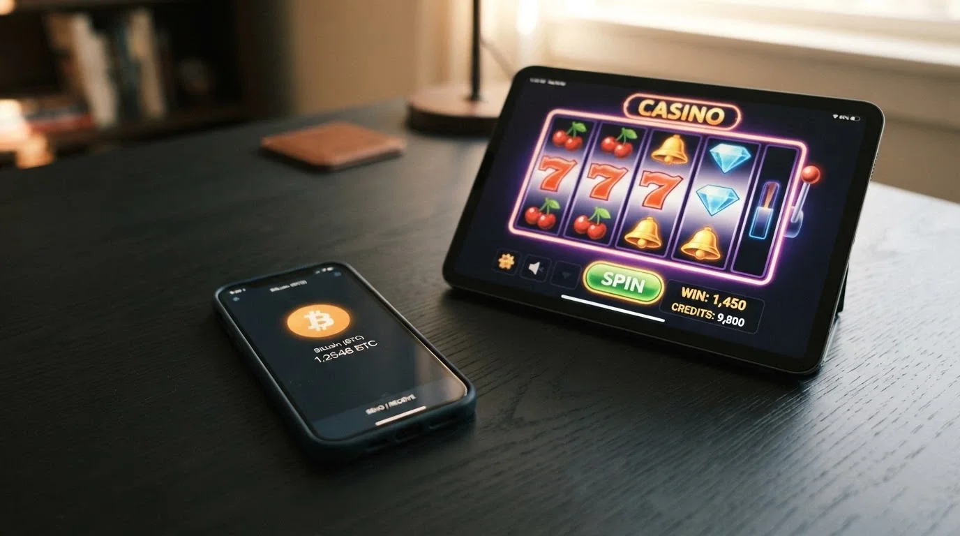 Uno smartphone con l'interfaccia di un wallet crypto accanto allo schermo di un casinò online, senza documenti di identità nel quadro