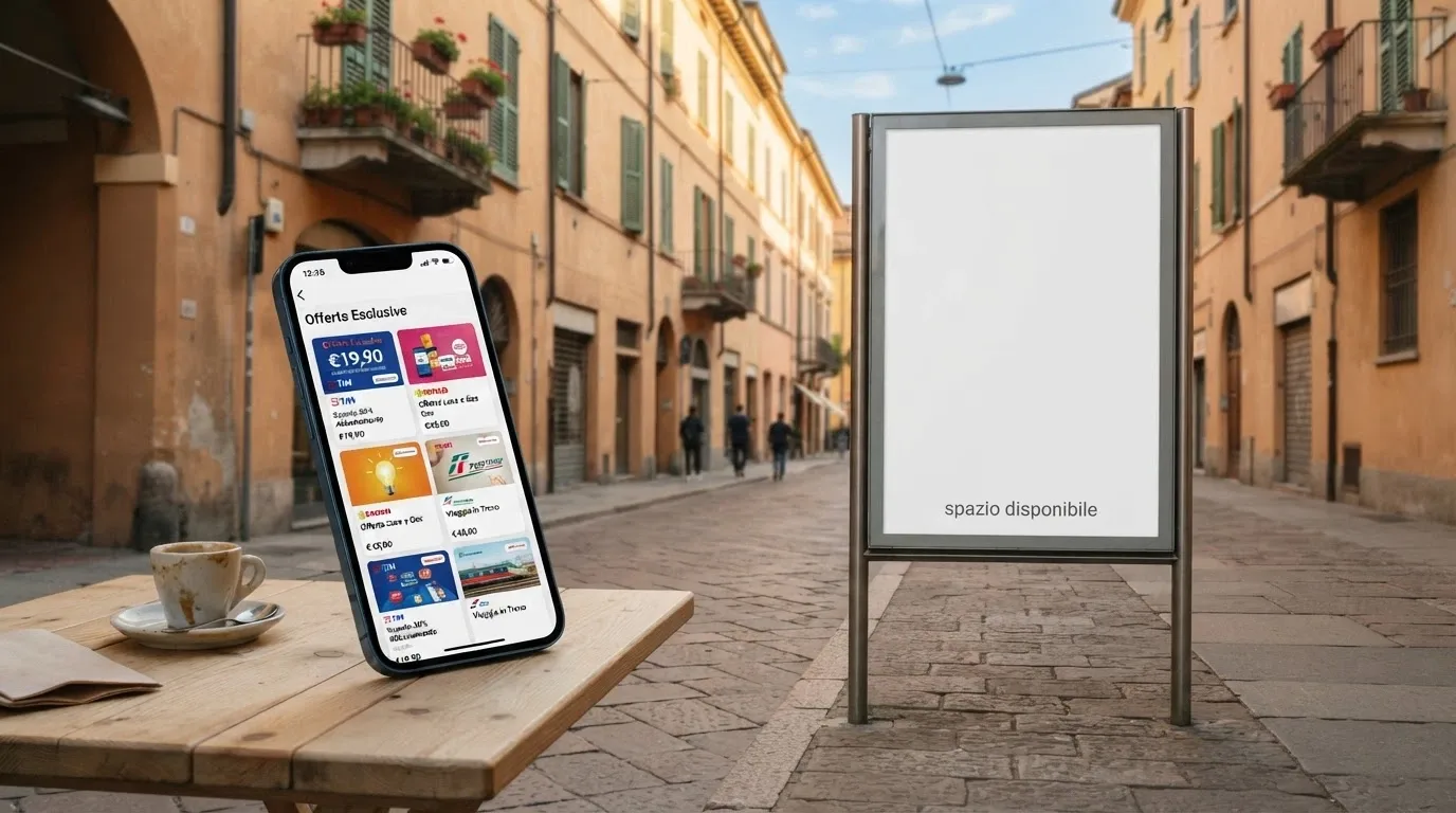 Una via cittadina con un cartellone pubblicitario vuoto e il testo «spazio disponibile», accanto un telefono con la schermata promozioni di un casinò ADM