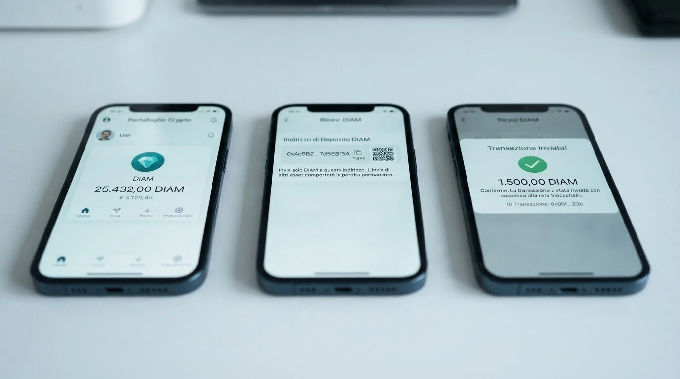 Una sequenza di tre schermi: wallet Metamask → indirizzo del casinò → conferma della transazione con il simbolo di Ethereum in evidenza