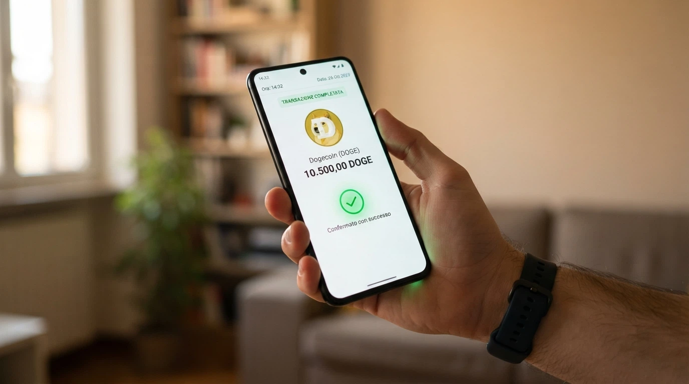 Lo schermo di uno smartphone con la conferma di una transazione in Dogecoin e il logo del casinò