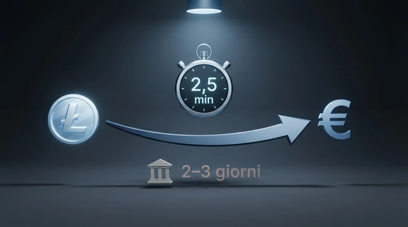 Una freccia curva che collega il simbolo Ł di Litecoin al simbolo €, con un cronometro che segna 2,5 minuti accanto a un'icona di banca che segna 2–3 giorni