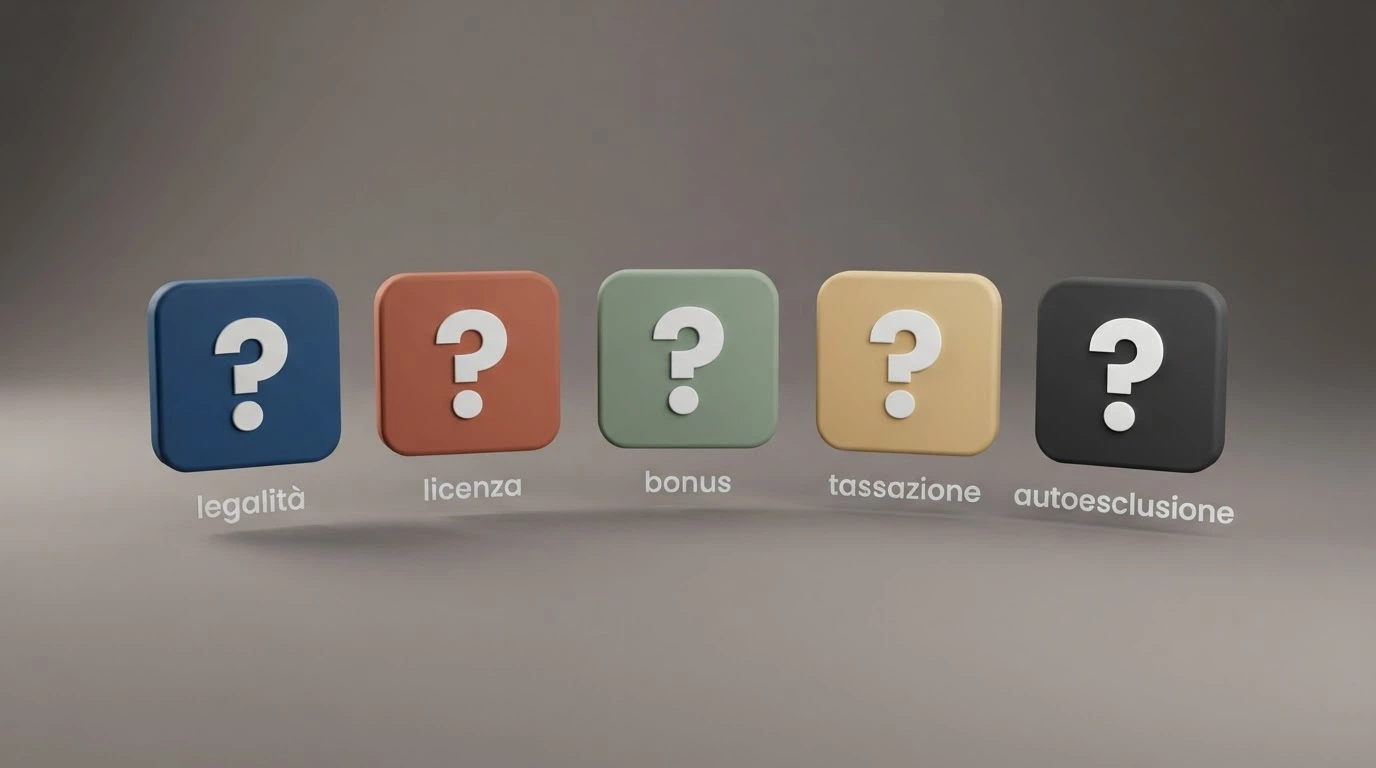 Una serie di icone con punto interrogativo in stile coerente, ciascuna accanto a una parola chiave diversa: legalità, licenza, bonus, tassazione, autoesclusione