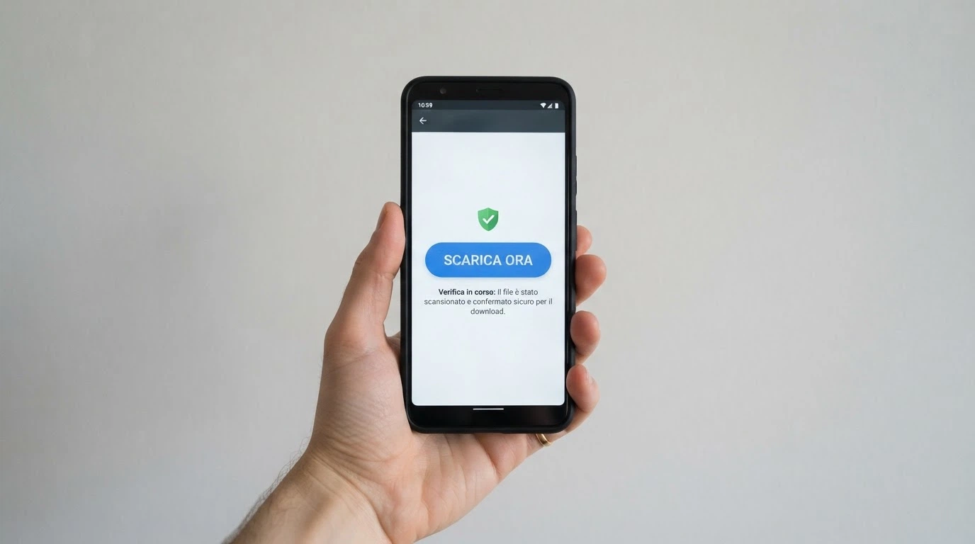 Schermata di download APK dal sito ufficiale di un operatore ADM su smartphone Android, con il pulsante di download e l'avviso di sicurezza per fonti sconosciute