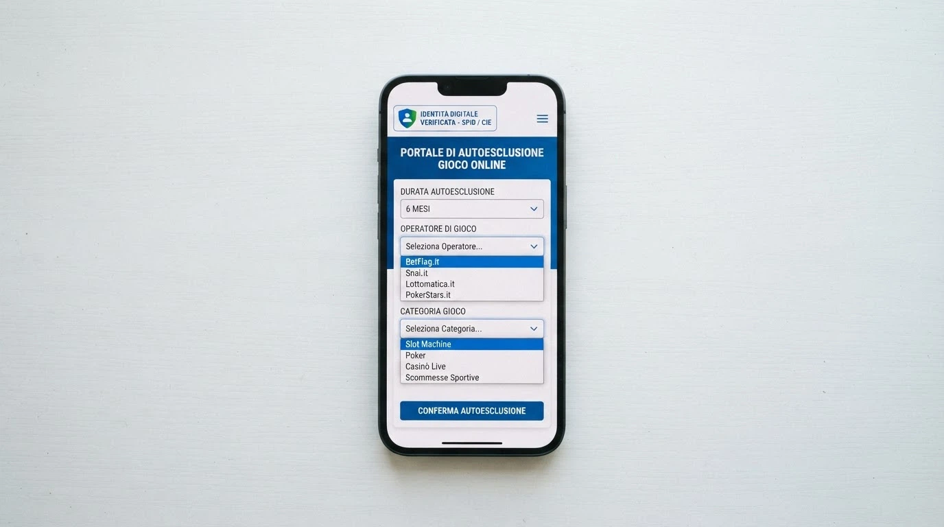L'interfaccia del portale RUA su uno smartphone, con i selettori per durata, operatore e famiglia di giochi, e il logo SPID visibile in alto
