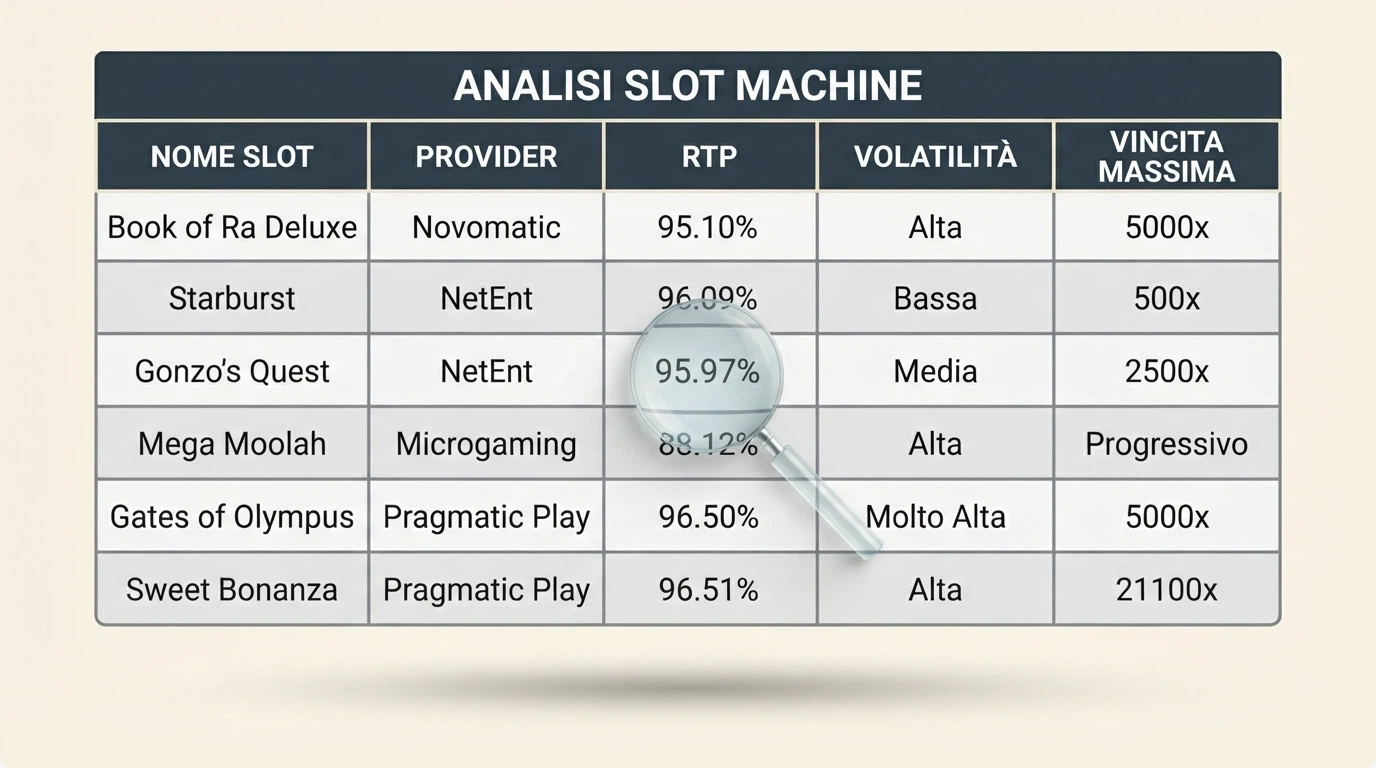 Una tabella RTP stilizzata con colonne per slot, provider, RTP, volatilità e vincita massima, con una lente di ingrandimento su un valore