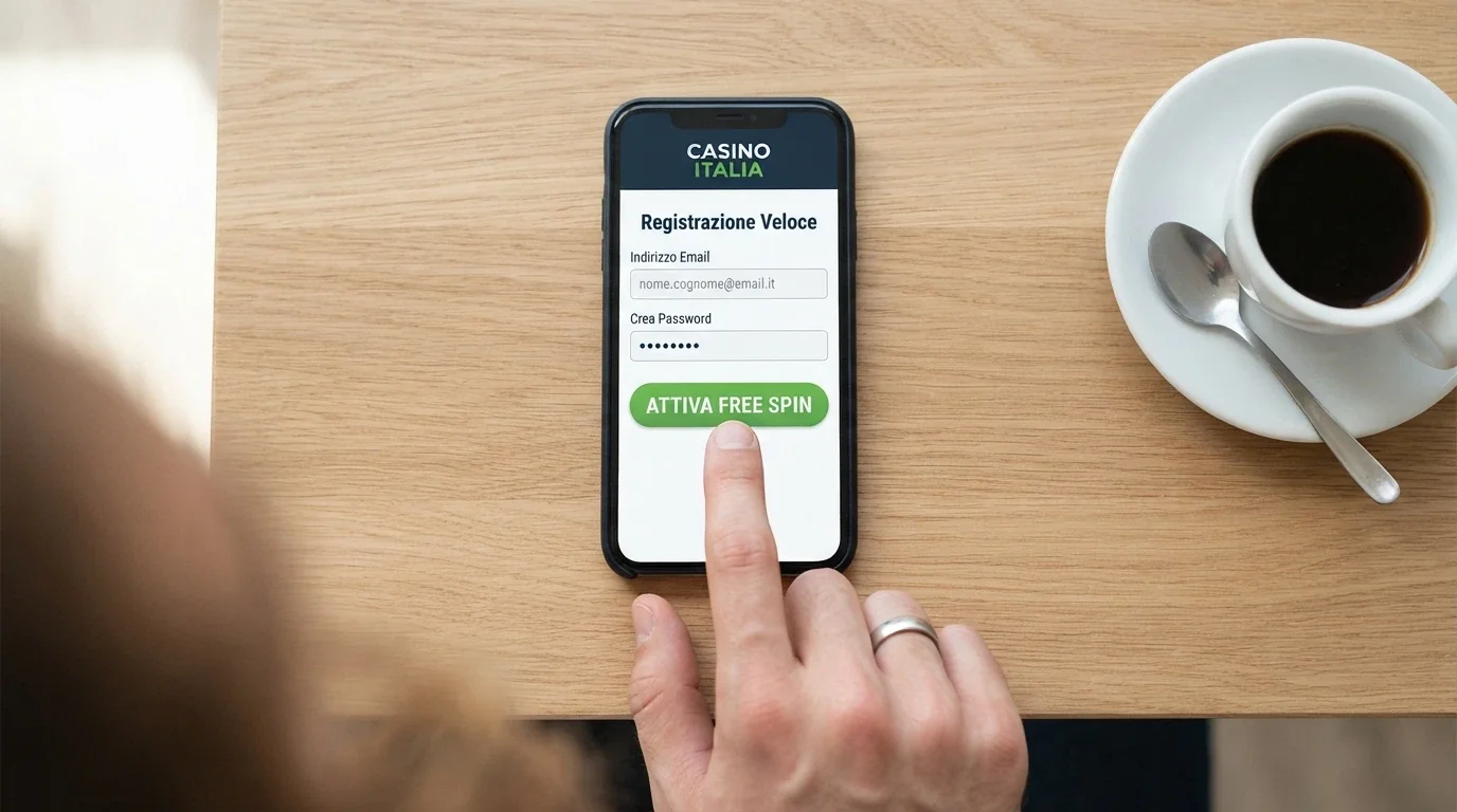 La schermata di registrazione di un casinò online con il pulsante per attivare i free spin e i campi dei dati personali da compilare