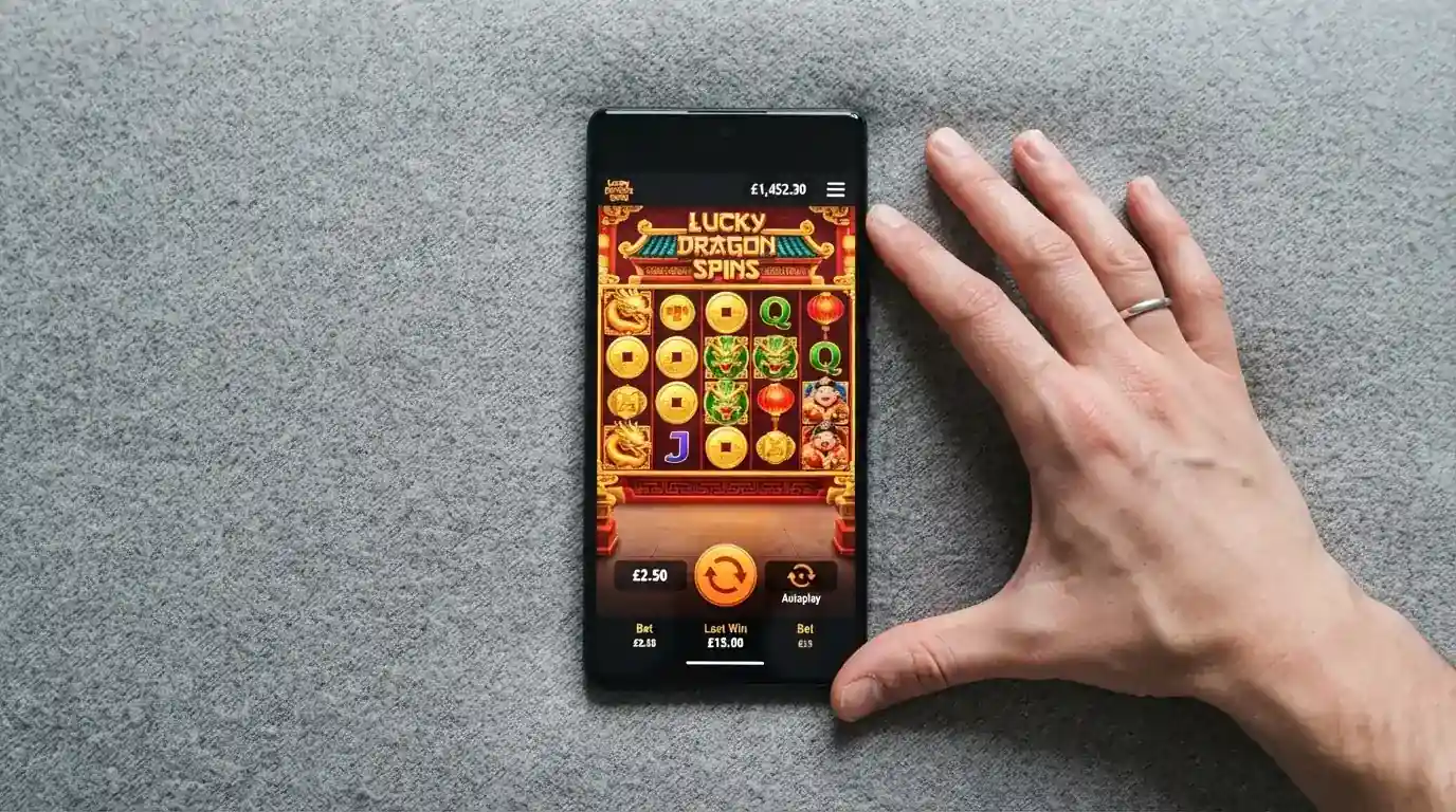 Uno smartphone inclinato in orizzontale che mostra l'interfaccia mobile di una slot machine in esecuzione, con le dita di una mano sullo schermo