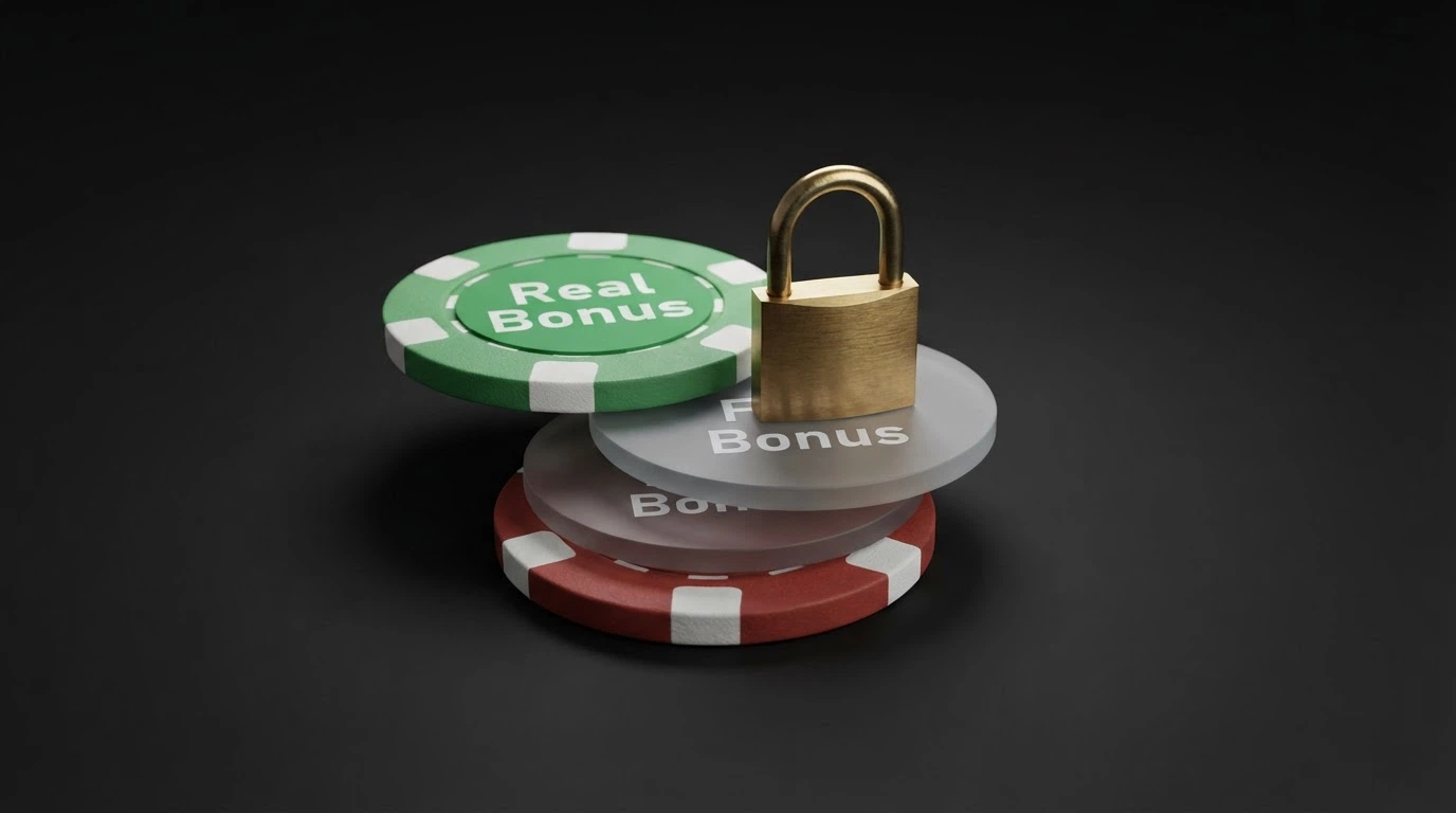 Pila di fiches da casinò con due etichette sovrapposte: una «Fun Bonus» in grigio, una «Real Bonus» in verde, con un lucchetto sulla pila grigia
