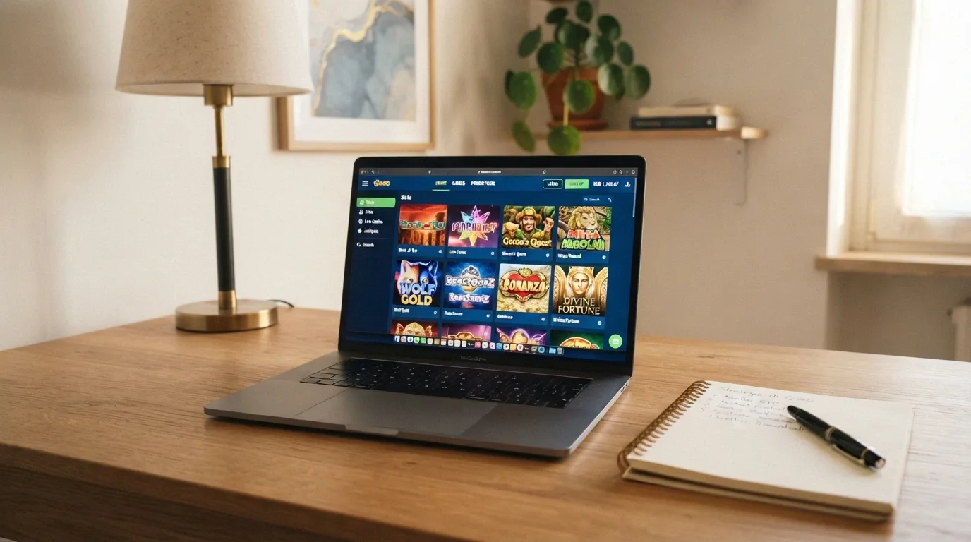 Una scrivania con un laptop aperto su un casinò online, accanto un blocchetto con appunti e una calcolatrice, sullo sfondo un ambiente domestico luminoso