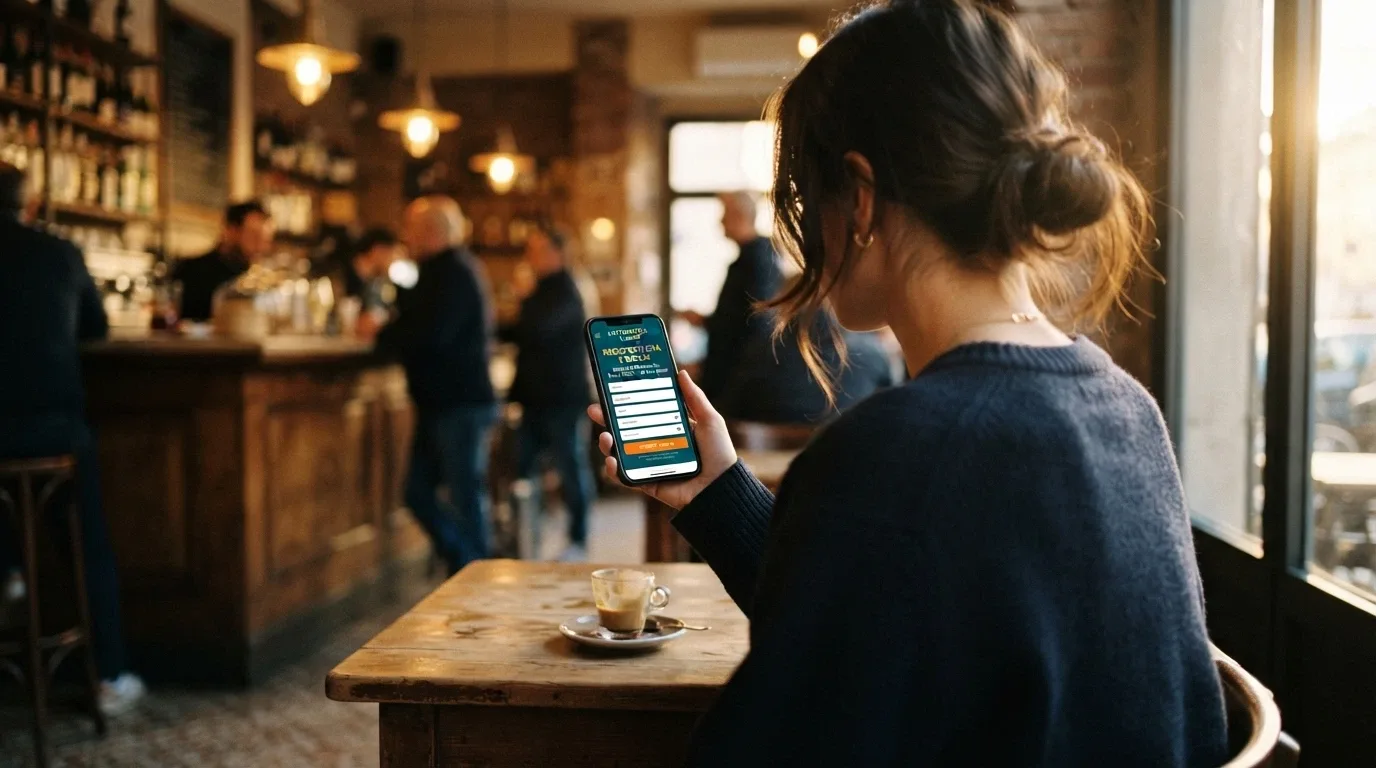 Un giocatore davanti allo smartphone con la schermata di registrazione di un casinò aperta