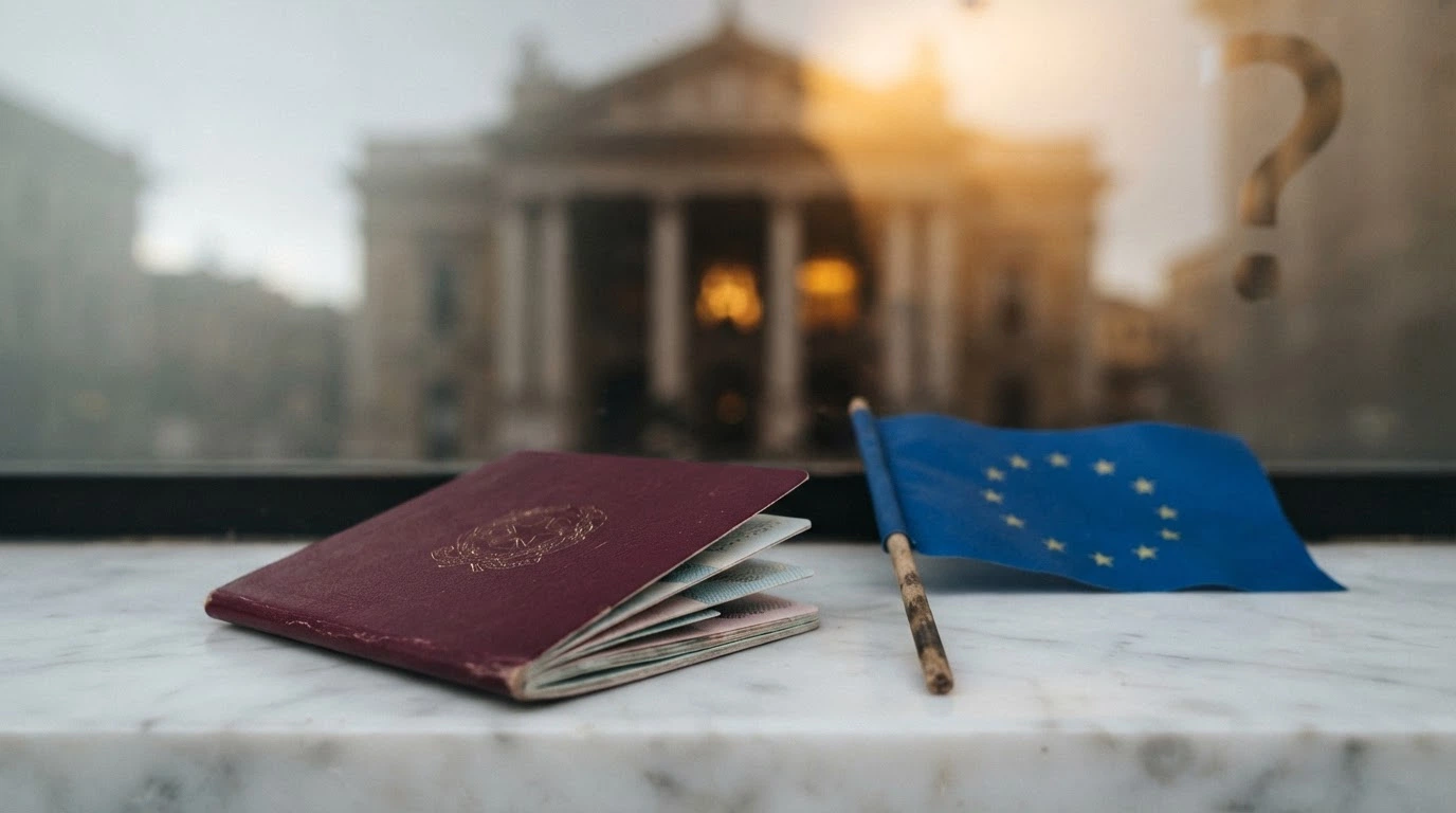 Un passaporto italiano posato accanto alla bandiera dell'Unione Europea, con la sagoma di un casinò sullo sfondo e un punto interrogativo