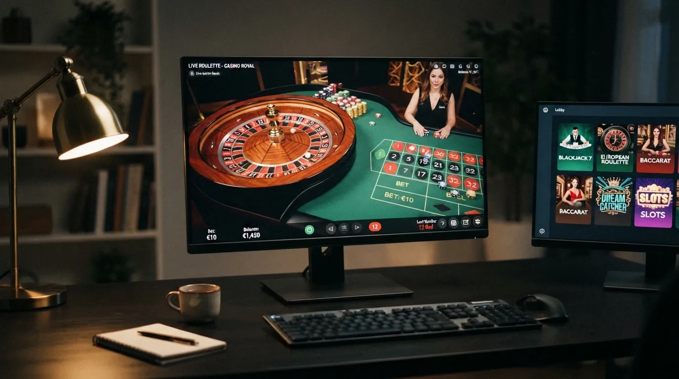 Una roulette dal vivo in streaming su un monitor, con l'interfaccia di un casinò crypto a fianco