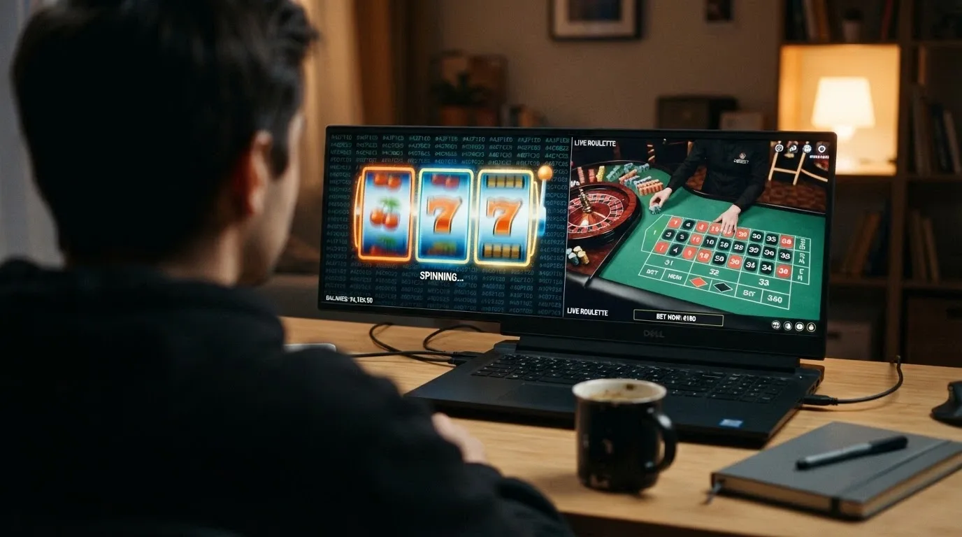 Una slot machine digitale con sovrapposto il codice hash di verifica provably fair, accanto a un tavolo live con croupier in streaming