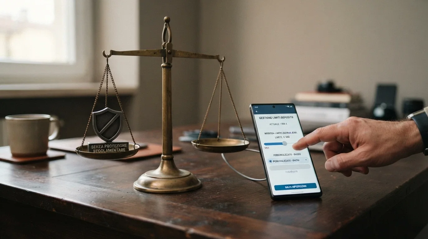 Una bilancia con su un piatto il logo ADM barrato e sull'altro un'icona di auto-controllo con le mani che impostano un limite su uno smartphone