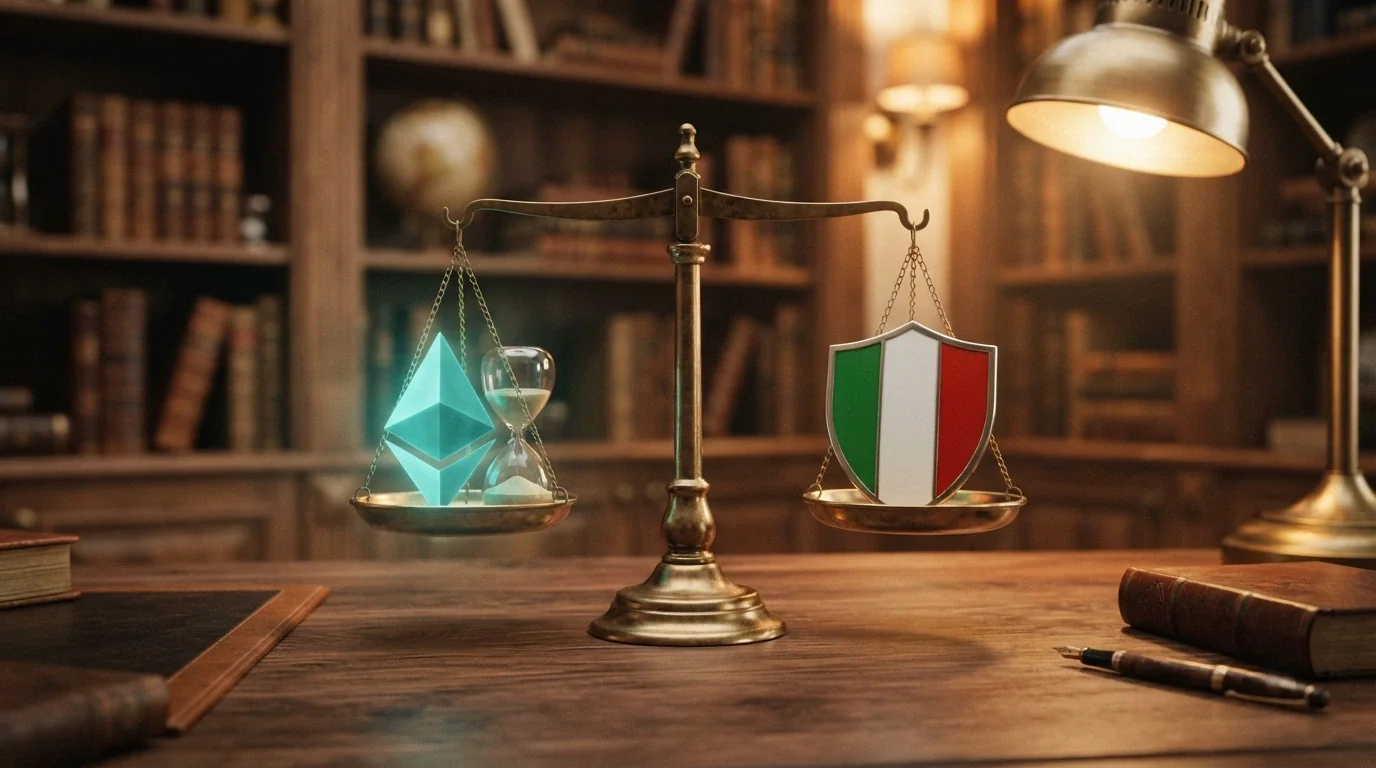 Una bilancia stilizzata: su un piatto il simbolo di Ethereum e una clessidra (velocità), sull'altro uno scudo con la bandiera italiana (tutele ADM)
