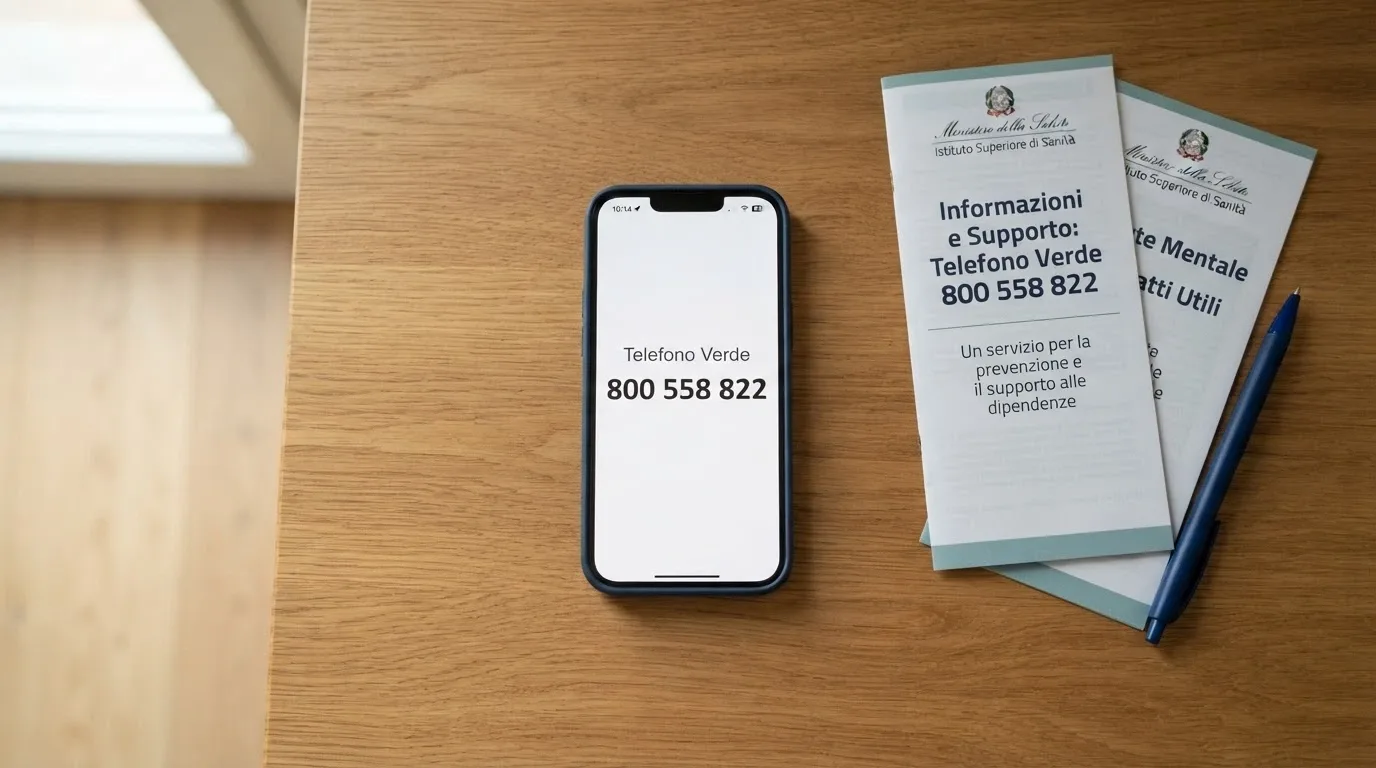 Un telefono con il numero verde 800 558 822 sullo schermo, posato su una scrivania accanto a materiale informativo dell'ISS