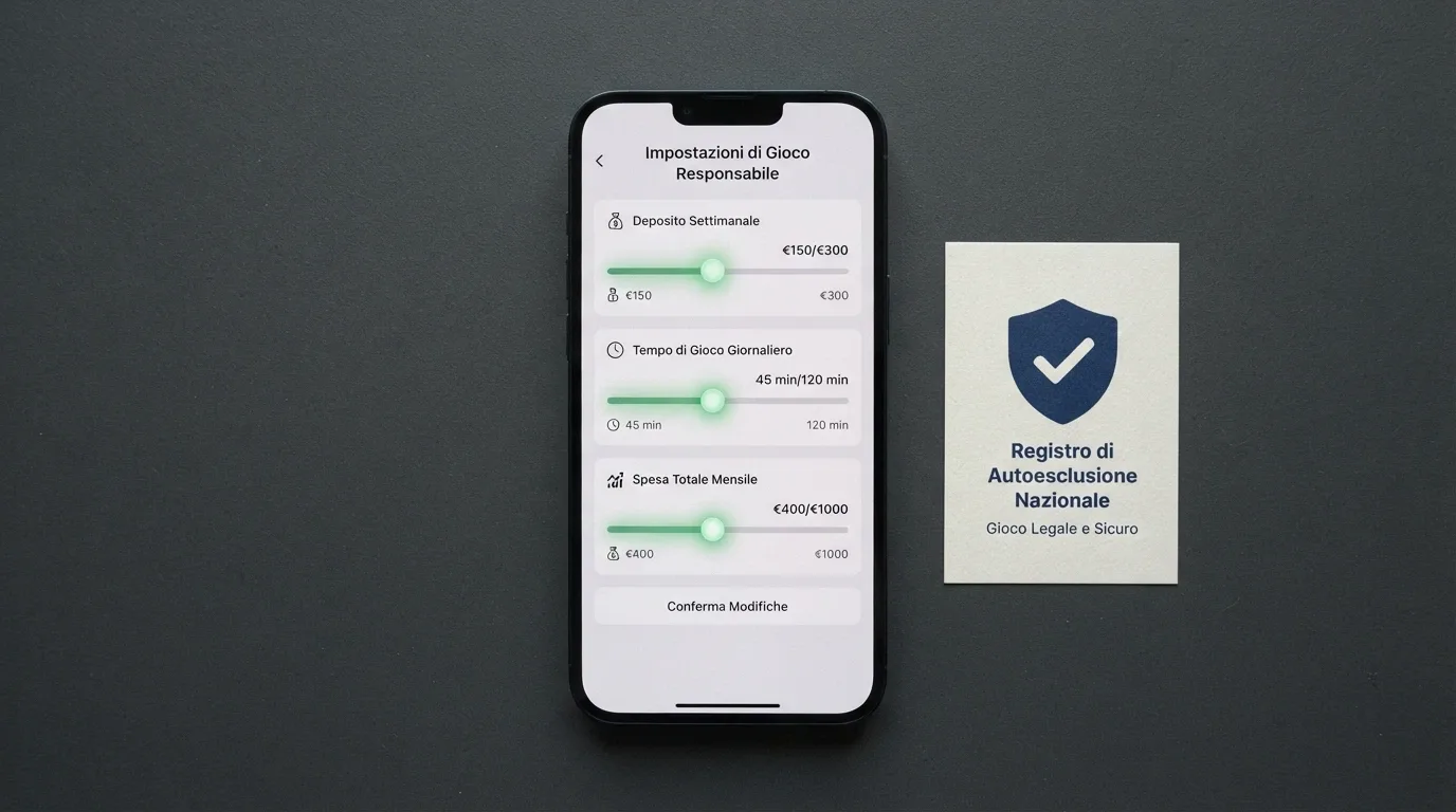 Una dashboard personale con limiti di deposito, tempo e spesa impostati, accanto al logo del RUA