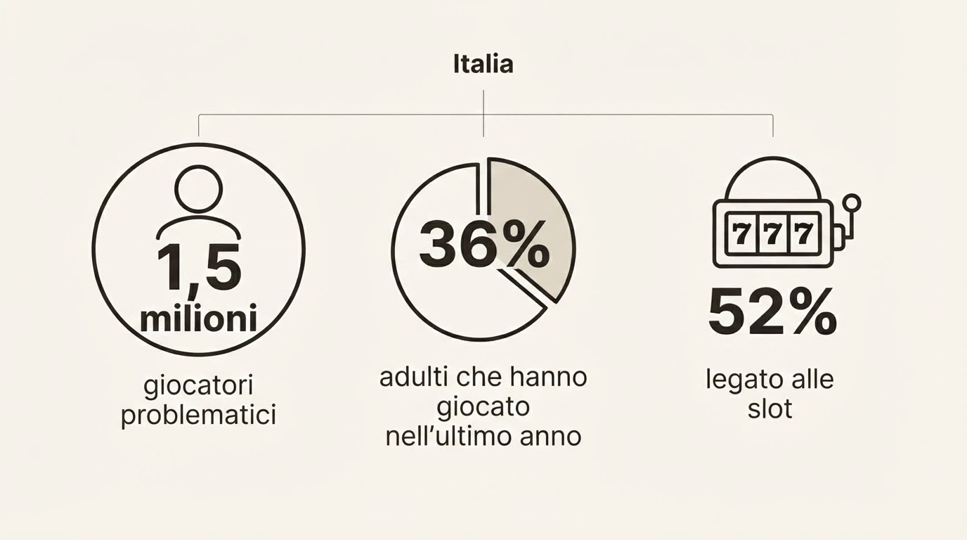 Un'infografica con tre dati chiave: 1,5 milioni di giocatori problematici, 36% degli adulti ha giocato nell'ultimo anno, 52% dei problematici legato alle slot — ogni cifra accompagnata da un'icona