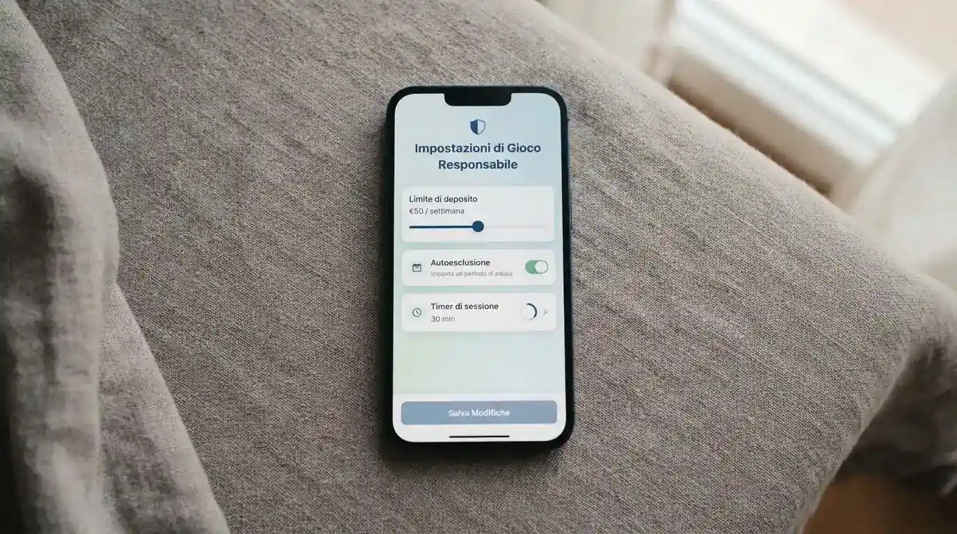 Pannello di controllo con le opzioni di limite di deposito, autoesclusione e timer di sessione su sfondo rassicurante