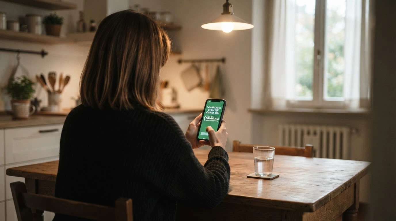 Una persona seduta a un tavolo con lo smartphone in mano e il numero verde per il gioco d'azzardo visibile sullo schermo, in un ambiente domestico tranquillo