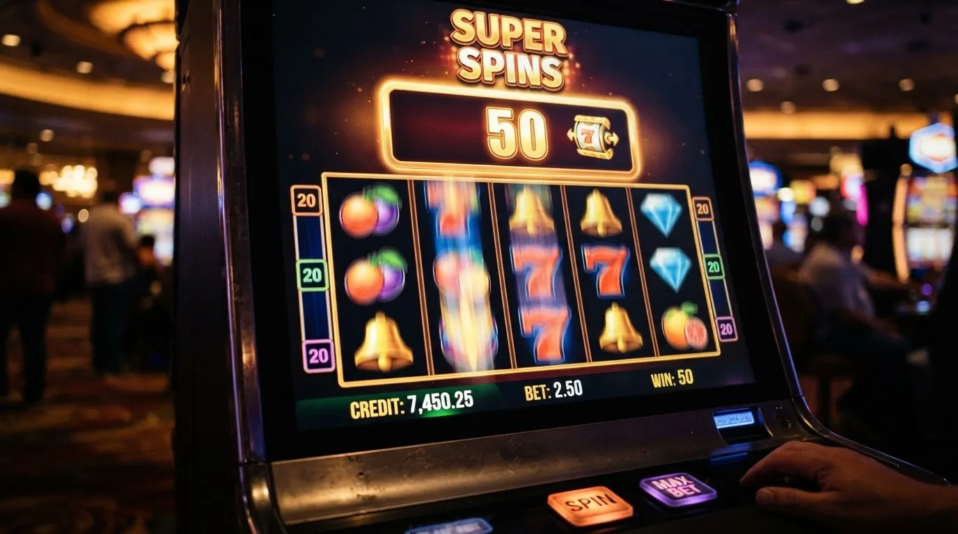 Una slot machine online con il contatore dei giri gratis illuminato e una notifica «50 Free Spins Attivati»