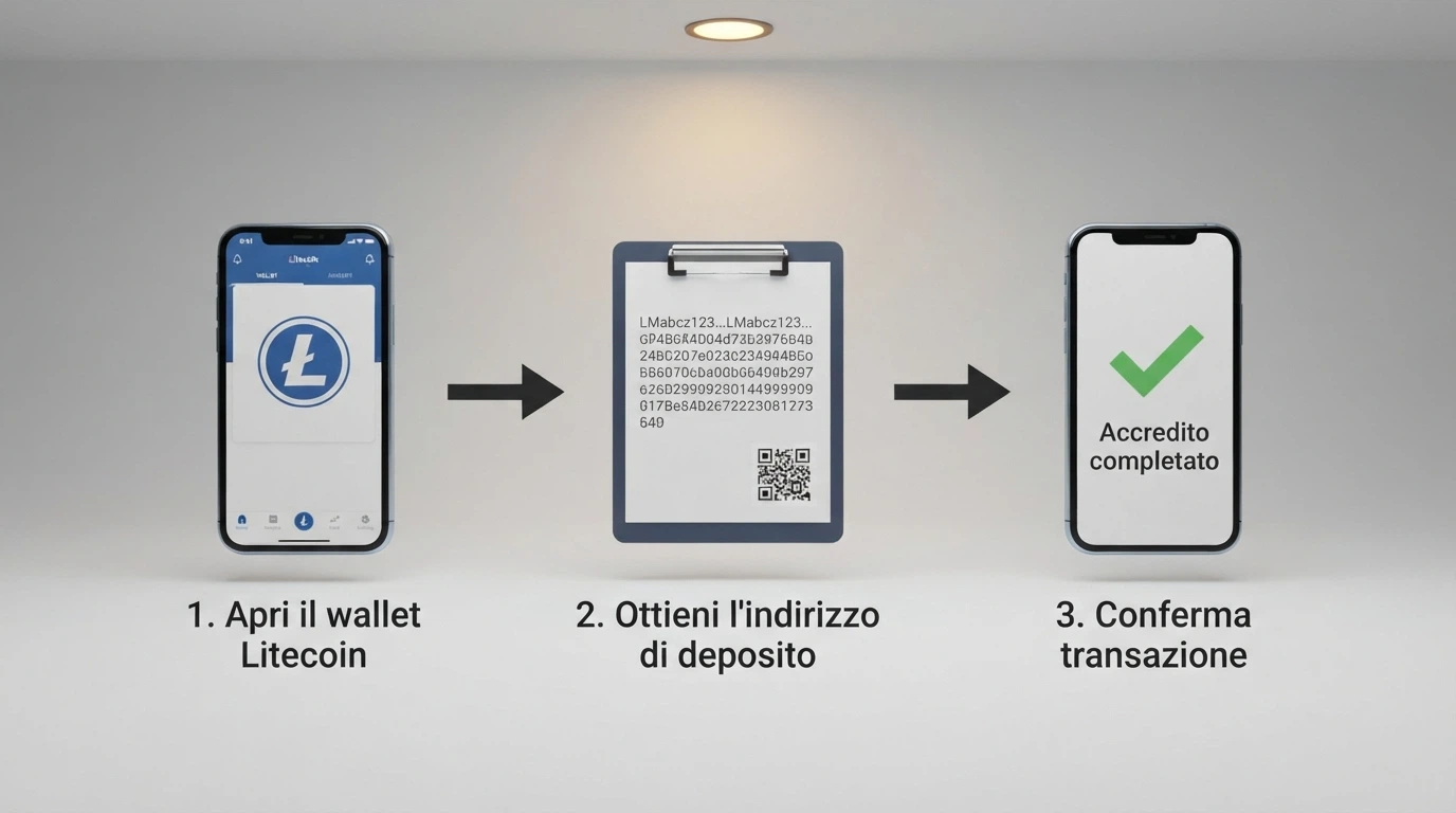 Tre passaggi illustrati da sinistra a destra: wallet LTC → freccia → indirizzo casinò → freccia → schermata «accredito completato» con spunta verde